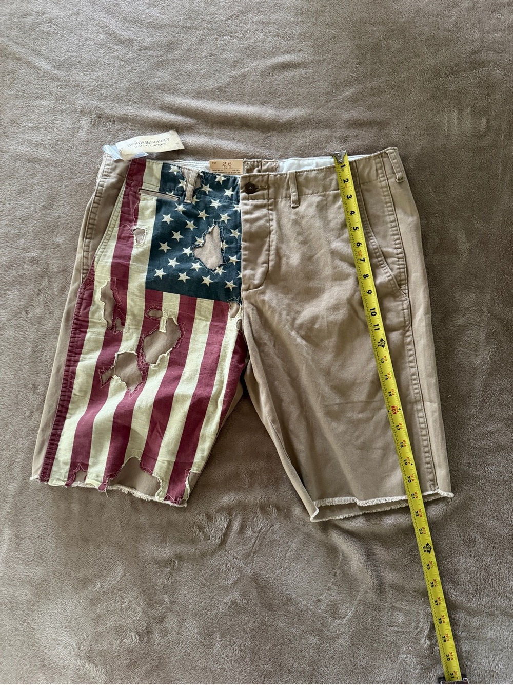 Ralph Lauren Denim & Supply 2 Tone Khaki Shorts w/Distressed American Flag Panel - Picture 3 of 10